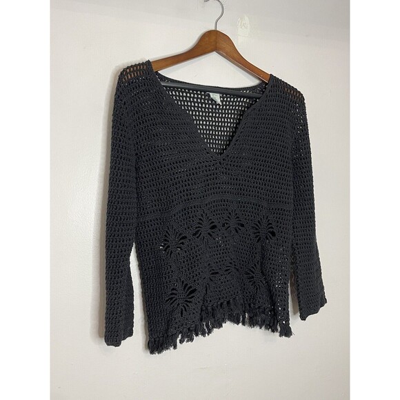 URCHIN MARK EISEN Knit Crochet long Sleeve Blouse Womens Large Black Fringe Top - Picture 2 of 7